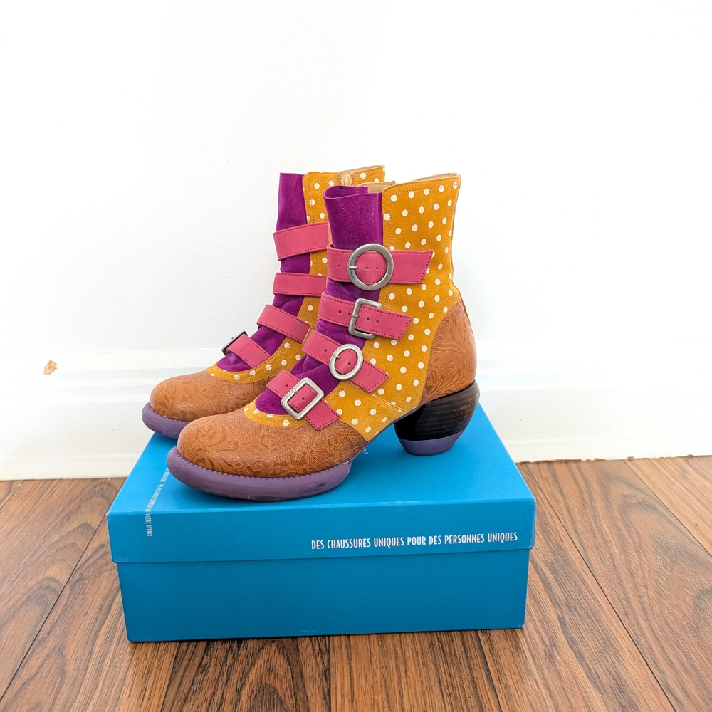 John Fluevog Yellow and Pink Heeled Boots with Polka Dots